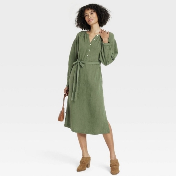 NWT Women's Balloon Long Sleeve Tie-Front Shirtdress Universal Thread Green Sz S - Picture 3 of 11